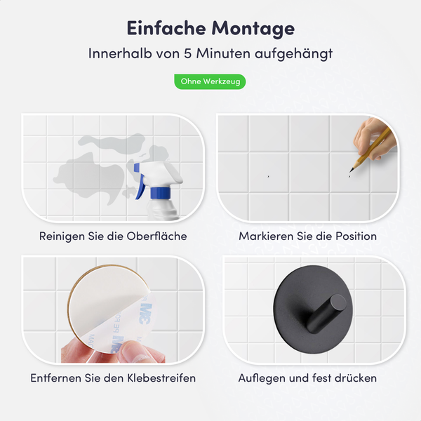 Montageanleitung für Wandhaken ohne Werkzeug: Oberfläche reinigen, Position markieren, Klebestreifen abziehen und Haken fest auf die Fliesen drücken.