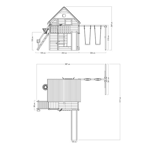 WICKEY Stelzenhaus Smart FamilyHouse mit Schaukel und Rutsche,integriertem Sandkasten und großem Spielhaus mit Geheimgang, massiver Treppe Handlauf, Fenstern, Rollos und Fensterläden -  grün