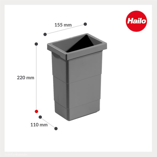 Rechteckiger grauer Hailo Kunststoffeinsatz: 220 Millimeter Höhe, 155 Millimeter Breite, 110 Millimeter Tiefe. Hailo Logo.
