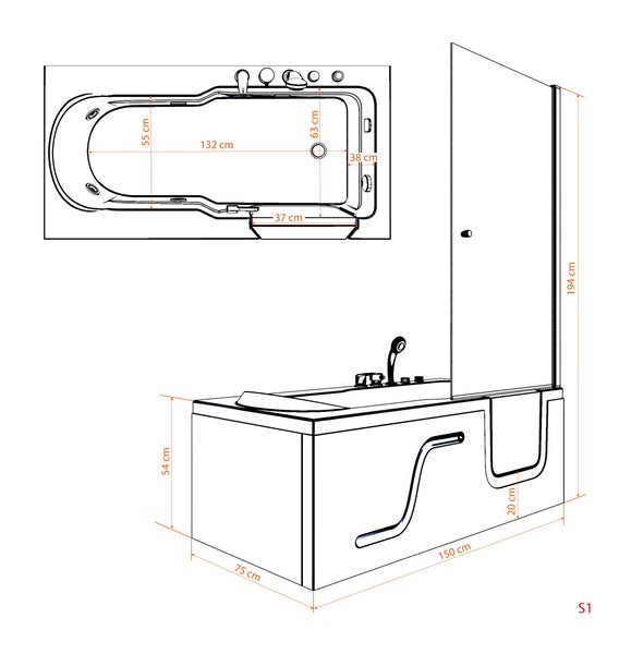 Dusche und Sitzwanne Kombination mit Tür S17D-EH-L