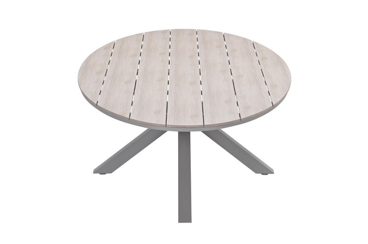 Runder Gartentisch mit einer Tischplatte aus Latten in Holzoptik und einem dreibeinigen Metallgestell.