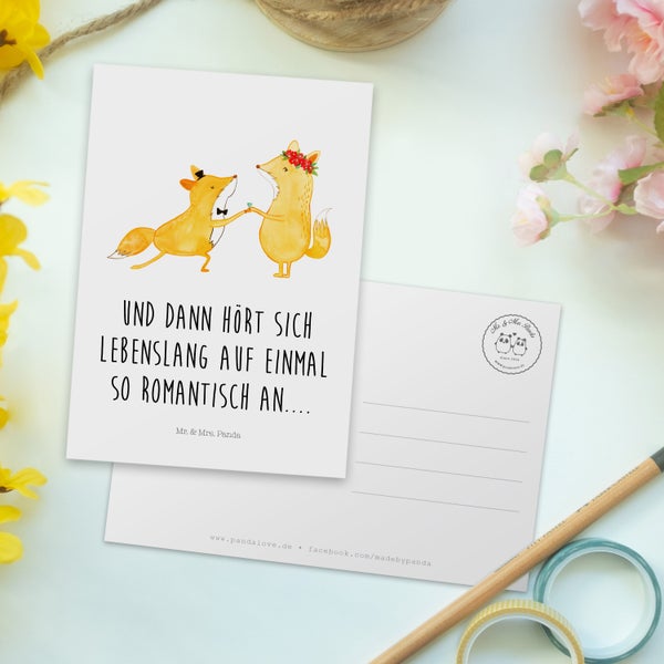 Mr. & Mrs. Panda Postkarte Füchse Hochzeit - Weiß