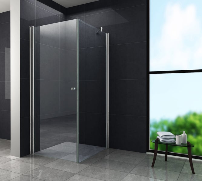 Duschkabine mit Klarglas in einem Badezimmer mit grauen Fliesen.