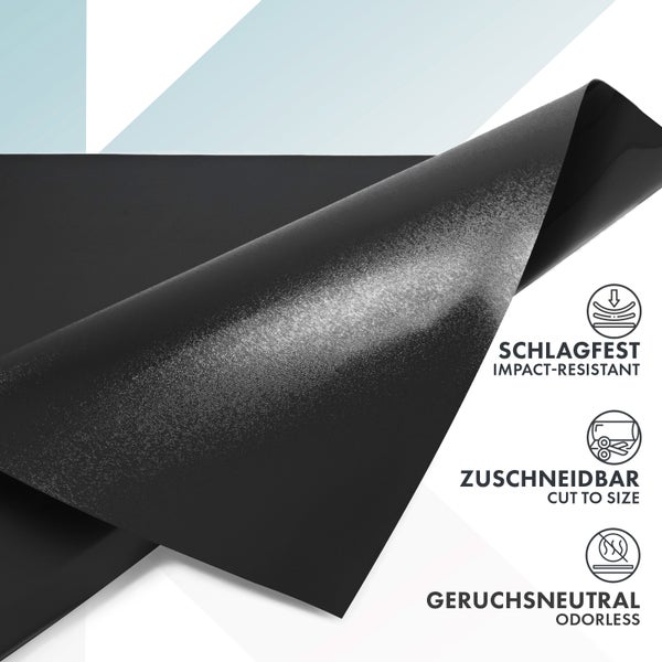 Flexible schwarze Schutzmatte, schlagfest, zuschneidbar und geruchsneutral.