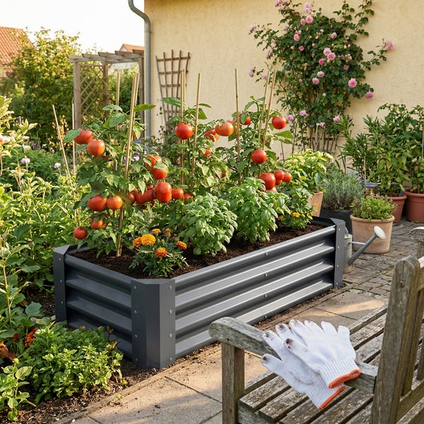 Hochbeet aus Metall mit Tomatenpflanzen und Basilikum auf einer gepflasterten Terrasse mit Gartenmöbeln und Pflanztöpfen.