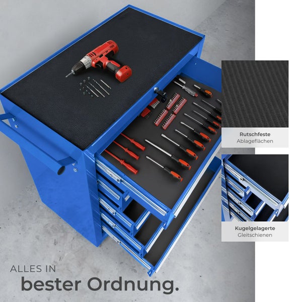 Blaue Werkbank mit Werkzeugen, rutschfesten Ablageflächen und kugelgelagerten Gleitschienen.
