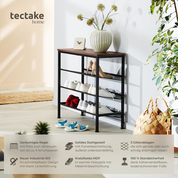 Schuhregal mit drei Gitterablagen und Ablagefläche in Holzoptik von tectake