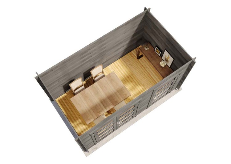 Innenansicht eines Gartenhauses aus Holz von oben mit Tisch, Stühlen und Sideboard.