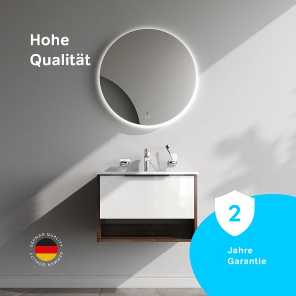 Runder LED Badezimmerspiegel mit Waschtischunterschrank und Waschbecken in modernem Design mit zwei Jahren Garantie und Zertifizierung.