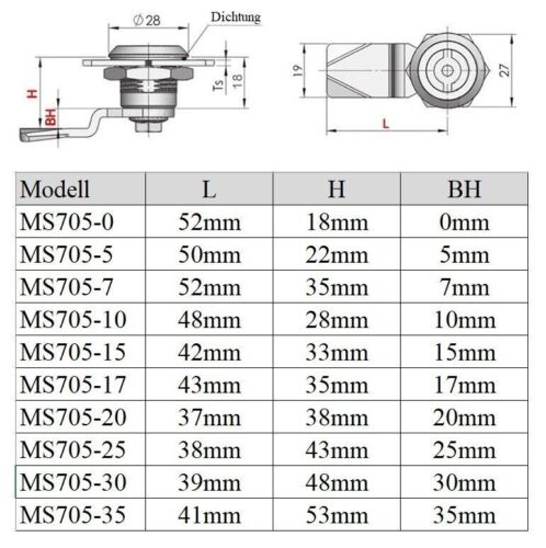 Technische Zeichnung und Maßtabelle für Hebelzylinderschloss Serie MS705 mit verschiedenen Längen und Höhenangaben.