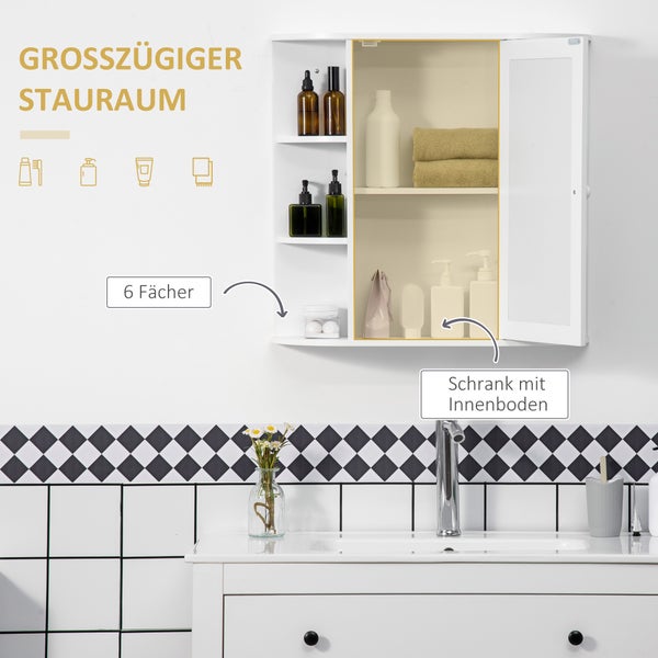 HOMCOM Spiegelschrank Bad, Badezimmerschrank mit Spiegeltür, Badschrank mit offenen Regalböden, Hängeschrank Wandschrank, Weiß, 66 x 17 x 63 cm