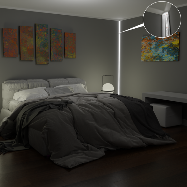 Schlafzimmer mit indirekter Beleuchtung durch LED-Streifen in der Deckenleiste