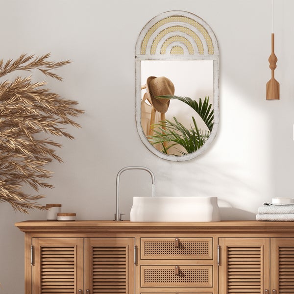 HOMCOM Wandspiegel, Wohnzimmerspiegel, 50 x 90 cm Flurspiegel mit Rattanoptik, Holzrahmen für Schlafzimmer Weiß