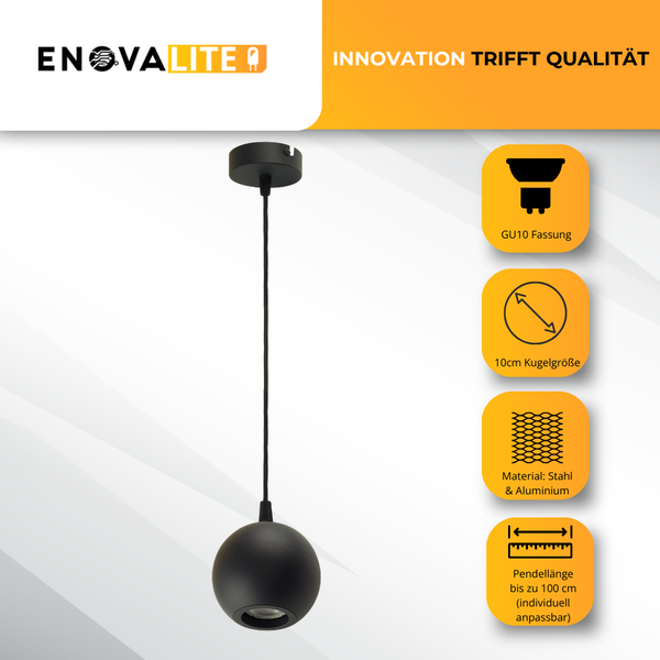ENOVALITE Pendelleuchte mit GU10 Fassung, Kugelgröße 10 cm, Material: Stahl und Aluminium, Pendellänge bis zu 100 cm individuell anpassbar