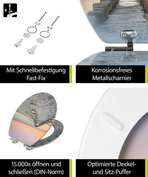 aquaSu® WC-Sitz mit Absenkautomatik, Maritim Dekor Sandbank, Gloss Toilettensitz mit Holzkern & Schnellbefestigung, universale O Form, Metallscharnier, Toilettendeckel maritim, glänzend, 406680