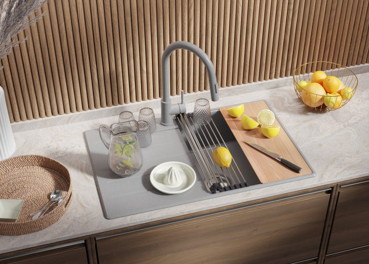 PRIMAGRAN Spülbecken Grau 78x50cm, Granitspüle 1 Becken + Ablauf-Set + Schneidebrett, Küchenspüle ab 50er Unterschrank - Kopenhagen