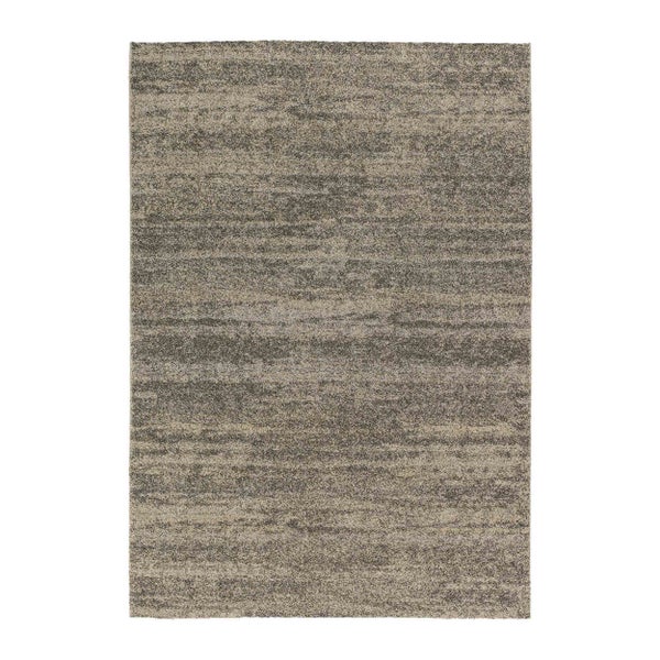 Rechteckiger Teppich mit meliertem Muster und horizontalen Streifen.