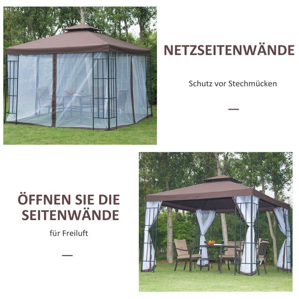 Pavillon mit Netzseitenwänden für Insektenschutz und geöffneten Seitenwänden für Freiluft.