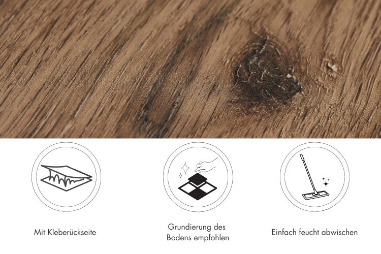 Holzoptik Bodenbelag mit Kleberückseite, Grundierung empfohlen und feucht abwischbar.