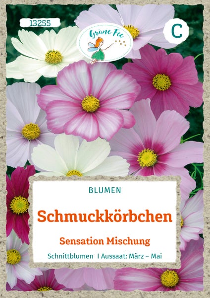 Samentüte für Schmuckkörbchen Sensation Mischung, Grüne Fee Logo, Schnittblumen, Aussaat von März bis Mai.