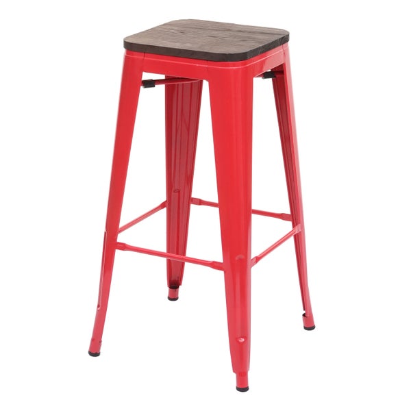 Roter Barhocker mit Holzplatte