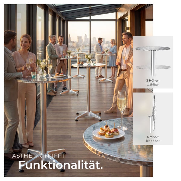 Moderner Stehtisch aus Metall auf einer Dachterrasse, zwei Höhen wählbar und um 90 Grad klappbare Tischplatte.