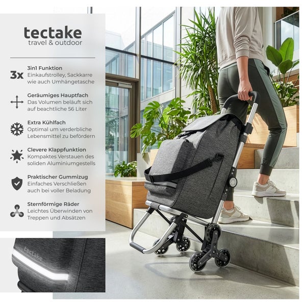 tectake Logo. Einkaufstrolley mit Treppensteiger-Rädern, Aluminiumgestell und Tasche mit Kühlfach wird in heller Umgebung eine Treppe hochgezogen.