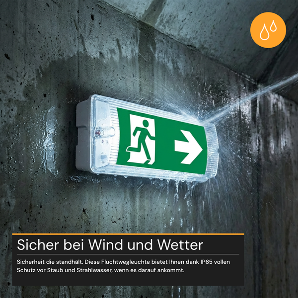 Fluchtwegleuchte mit IP65 Schutzklasse montiert an einer Betonwand unter Wasserstrahl zur Demonstration der Strahlwasserschutzfunktion