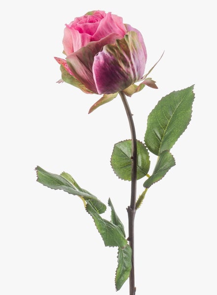 Künstliche rosa Rose mit halbgeöffneter Blüte, grünen Blättern und naturgetreuem Stiel.