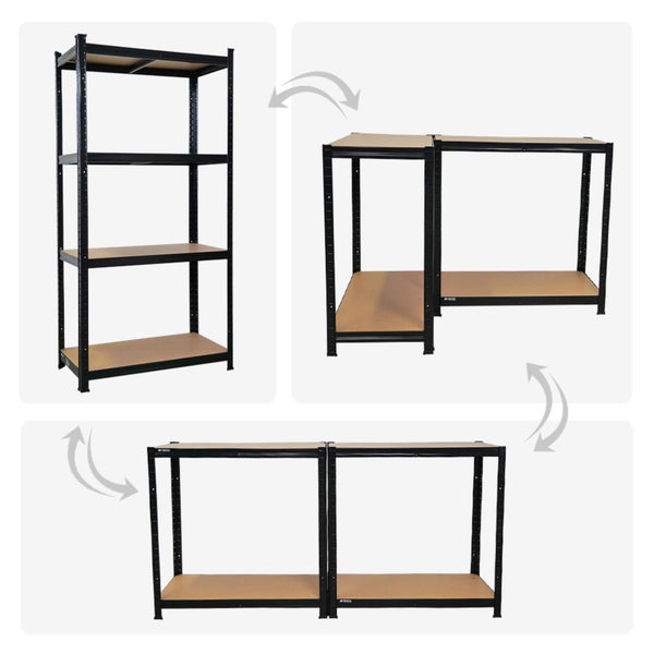 Darstellung der Aufbaumöglichkeiten eines Metallregals mit Holzböden.