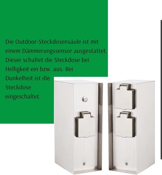 Outdoor-Steckdosensäule aus Edelstahl mit Dämmerungssensor, Varianten mit einer oder zwei Steckdosen mit Klappdeckel.