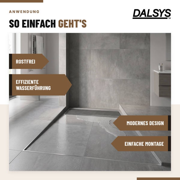 Dalsys Logo und Infografik zur bodengleichen Dusche mit Duschrinne in modernem Badezimmer inklusive Montagehinweisen.