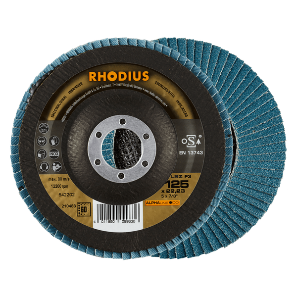 RHODIUS Fächerscheibe LSZ F3, 10 Stück, 125 x 22,23 mm, Korn 60, für Edelstahl, Stahl, Metall, ALPHAline