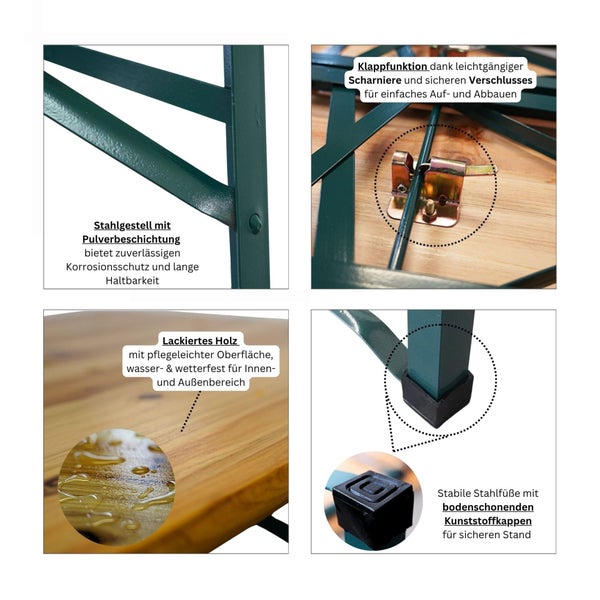 Detailansichten von einem Klapptisch mit Stahlgestell, lackiertem Holz, Scharnieren, Verschlüssen und Kunststoffkappen