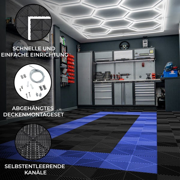 Belüftete Garagenbodenfliesen und sechseckige LED-Leuchten 90 Schwarze x 30 Blaue - mit Kanten