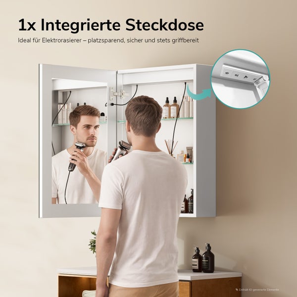 Spiegelschrank mit integrierter Steckdose und einem Mann, der sich vor dem Spiegel rasiert, zur Verwendung im Badezimmer.