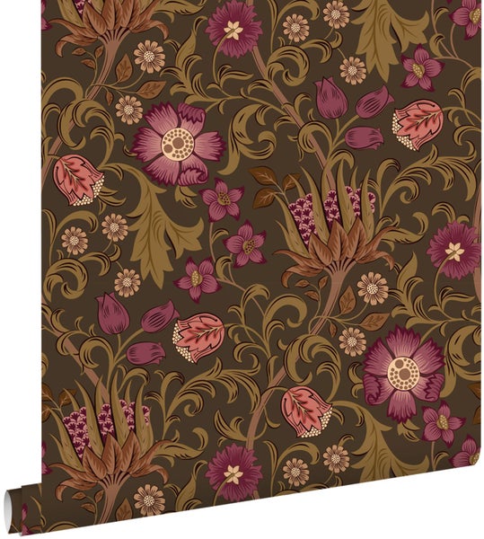 Vliestapete mit floralem Muster im Arts and Crafts Stil, dekorative Blumen und Blattranken für die Wandgestaltung.