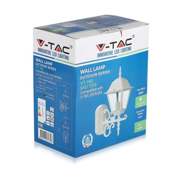 Verpackung einer V-TAC Außenwandleuchte der Serie VT-760, kompatibel mit V-TAC LED-Leuchtmitteln.