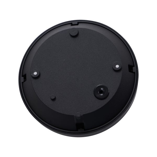 Runde schwarze Montageplatte für Außenleuchten mit Befestigungslöchern aus Kunststoff.