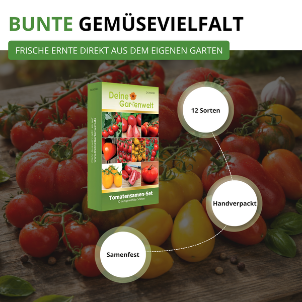 Tomatensamen-Set Deine Gartenwelt mit zwölf samenfesten Sorten, handverpackt, für die eigene Ernte im Garten.