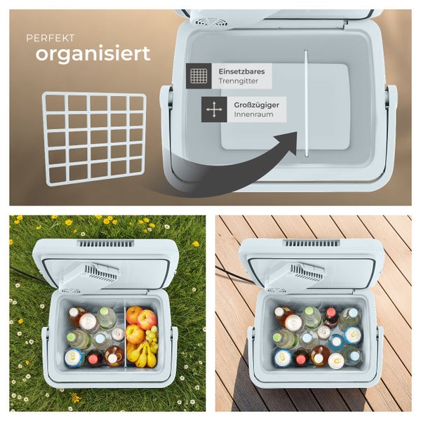 Elektrische Kühlbox mit großzügigem Innenraum und einsetzbarem Trenngitter, befüllt mit Getränken und Obst im Garten und auf der Terrasse.