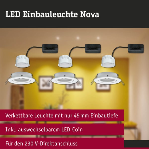 LED Einbauleuchte Nova 3er-Set, 45 Millimeter Einbautiefe, inklusive auswechselbarem LED-Coin für 230 Volt Direktanschluss.
