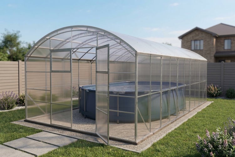 Poolüberdachung als begehbare Gewächshauskonstruktion mit Polycarbonatplatten im Garten über einem ovalen Aufstellpool.