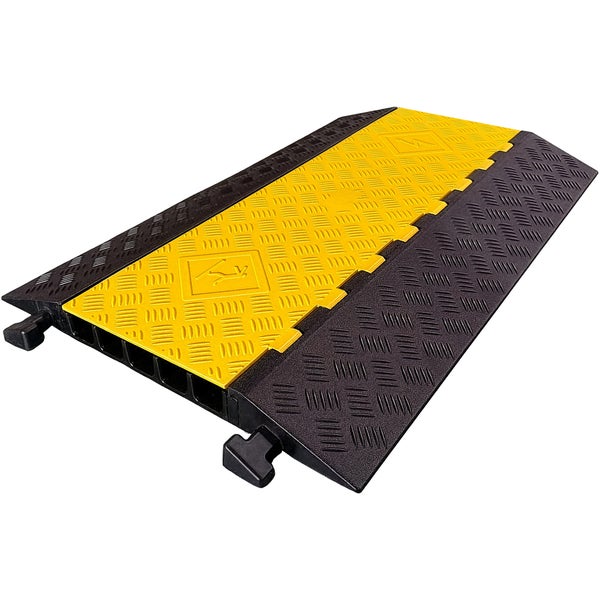 Gelb-schwarze Kabelbrücke mit fünf Kanälen aus Gummi und Kunststoff mit profilierter Oberfläche und Verbindungselementen.