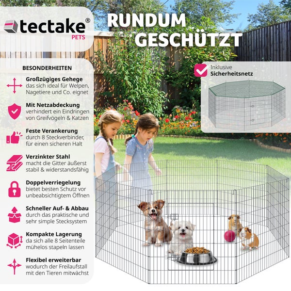 Freilaufgehege aus verzinktem Stahl mit Hunden und Meerschweinchen im Garten
