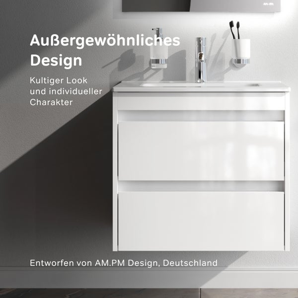 Weißer Waschtisch mit zwei Schubladen, Armatur, Seifenspender und Zahnputzbecher