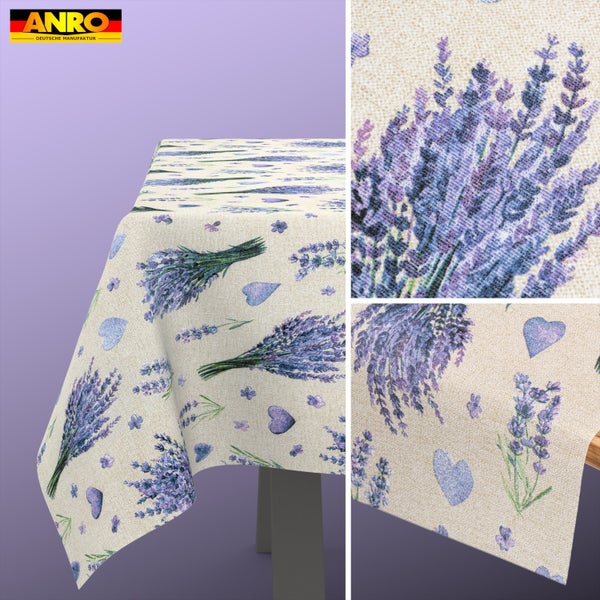 Wachstischdecke von ANRO mit Lavendelmotiven und Herzen. ANRO Logo.
