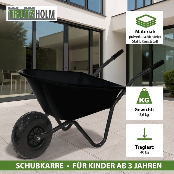 Schubkarre aus pulverbeschichtetem Stahl und Kunststoff von Trutzholm, geeignet für Kinder ab 3 Jahren. Gewicht: 3,6 kg, Traglast: 40 kg.