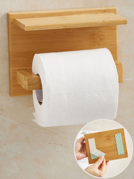 Toilettenpapierhalter aus Bambus mit Ablage und einer Rolle Toilettenpapier, selbstklebende Montage ohne Bohren.