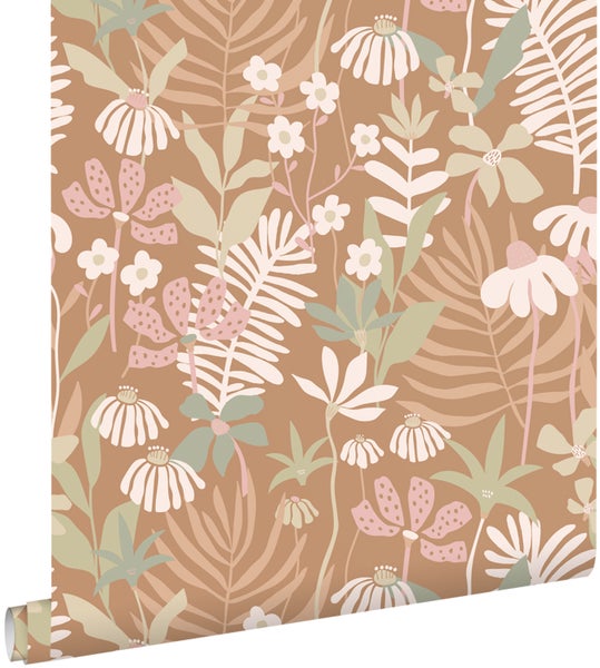 ESTAhome Tapete tropische Blätter und Blüten Hellbraun und Mehrfarbig - 50 x 900 cm - 130996